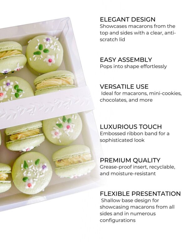 Elegant, Minimalist Macaron Packaging with Base, Insert, Clear Lid and Embossed Ribbon Band (20-pack) - Image 3